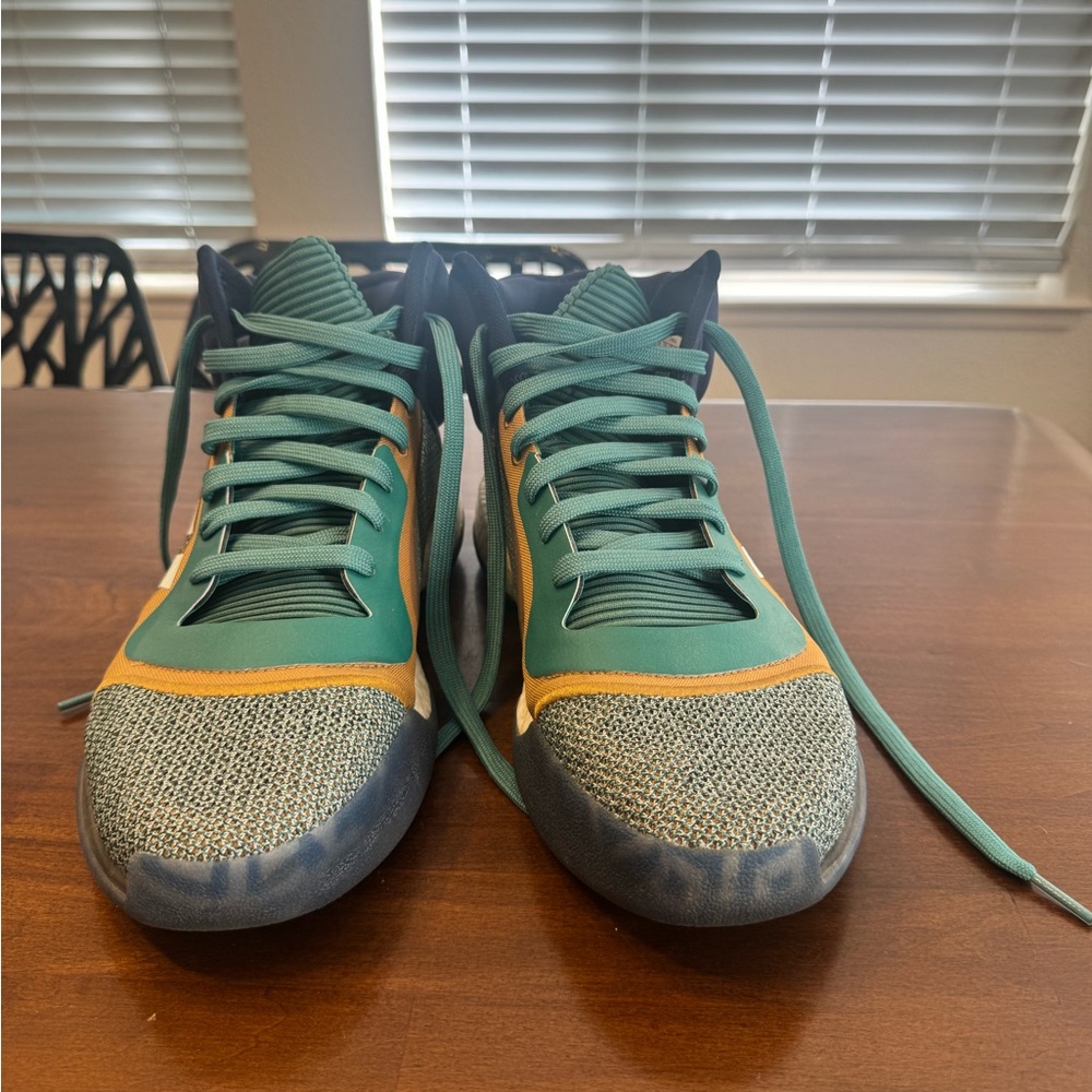 adidas Marquee Boost High Tops Blue Green and Tan Athletic Shoes - Picture 3 of 7